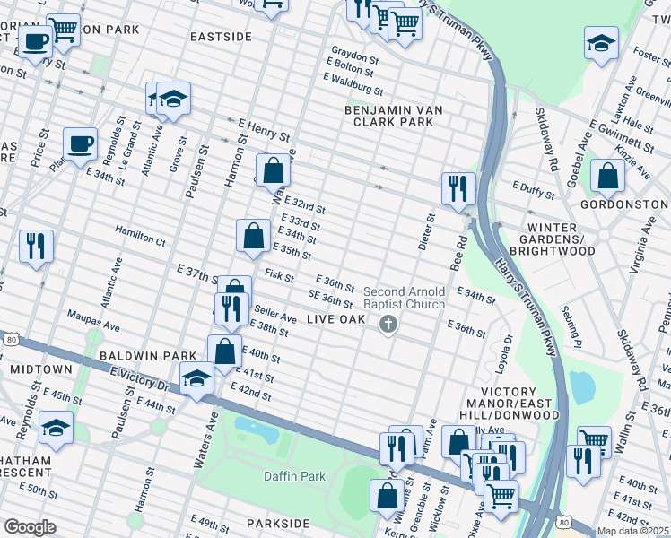 map of restaurants, bars, coffee shops, grocery stores, and more near 1227 East 35th Street in Savannah