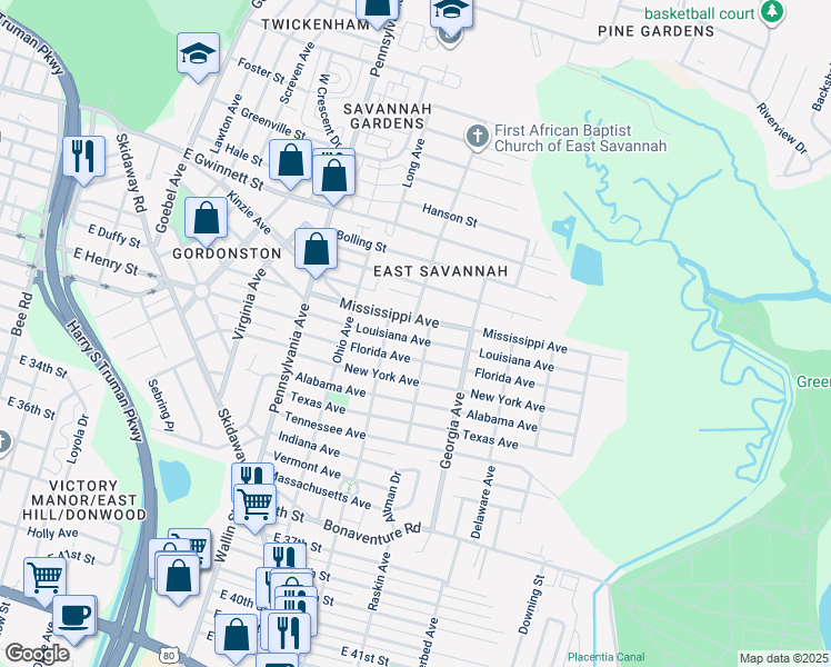 map of restaurants, bars, coffee shops, grocery stores, and more near 2148 Louisiana Avenue in Savannah