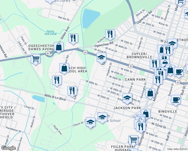map of restaurants, bars, coffee shops, grocery stores, and more near 3001 Hopkins Street in Savannah