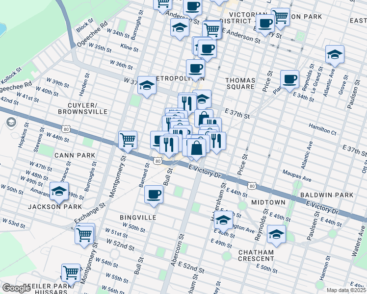 map of restaurants, bars, coffee shops, grocery stores, and more near 24 East 41st Street in Savannah
