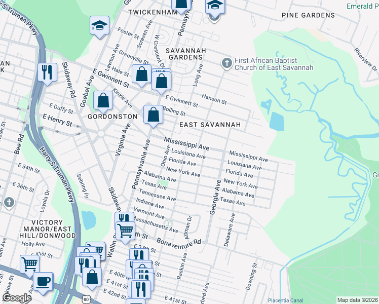 map of restaurants, bars, coffee shops, grocery stores, and more near 2138 Louisiana Avenue in Savannah