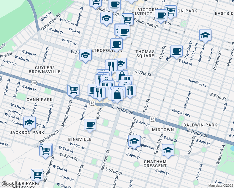 map of restaurants, bars, coffee shops, grocery stores, and more near 24 East 41st Street in Savannah