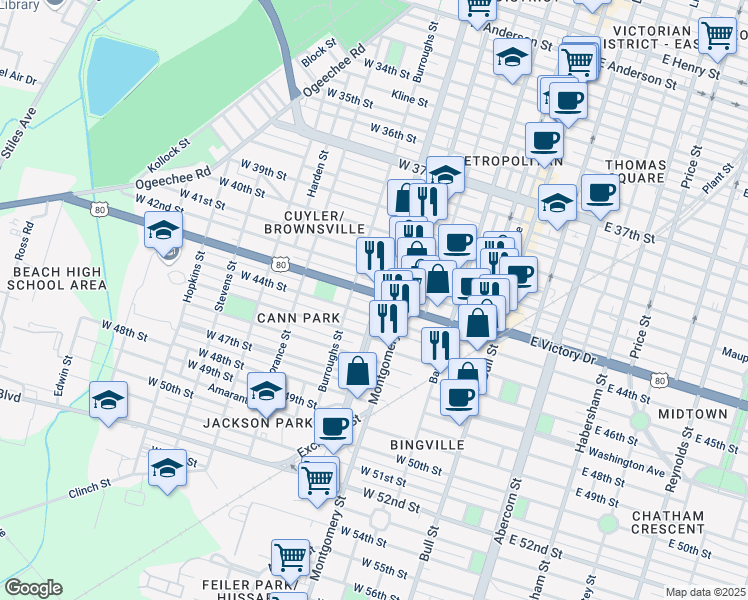 map of restaurants, bars, coffee shops, grocery stores, and more near 2705 Martin Luther King Junior Boulevard in Savannah