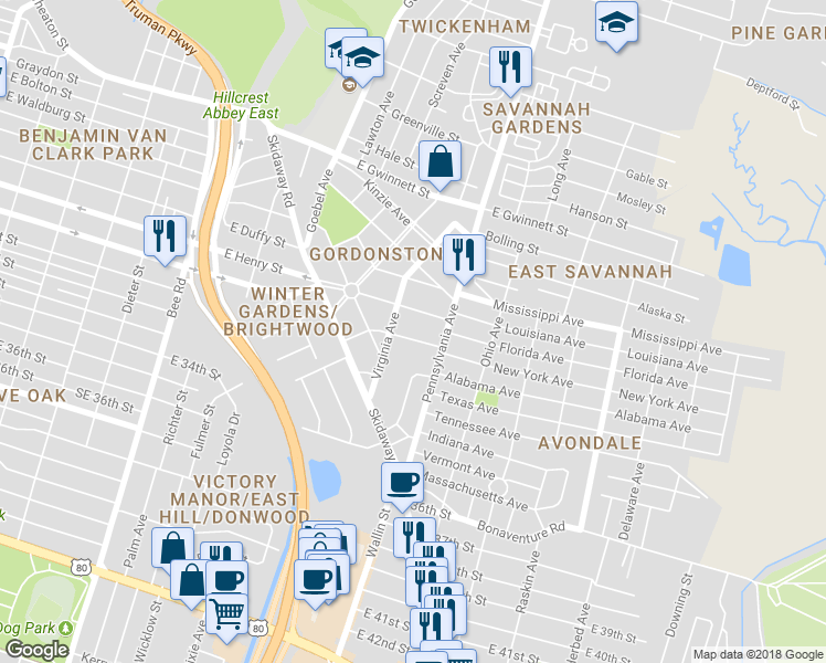 map of restaurants, bars, coffee shops, grocery stores, and more near 512 Durant Avenue in Savannah