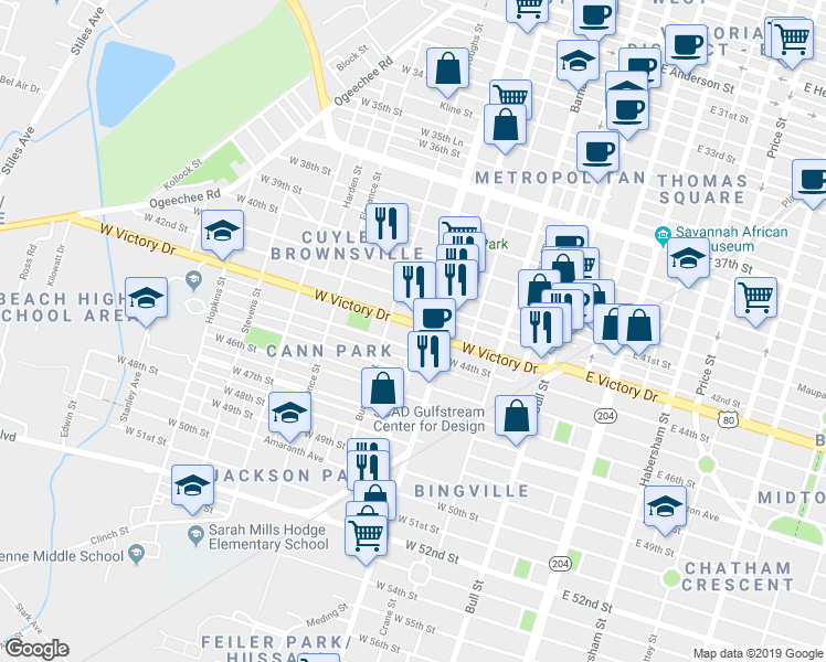 map of restaurants, bars, coffee shops, grocery stores, and more near 2705 Martin Luther King Junior Boulevard in Savannah
