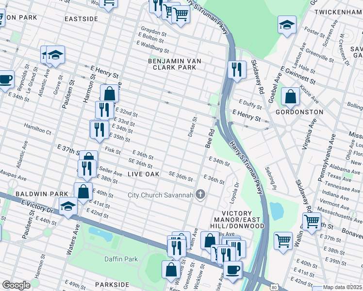 map of restaurants, bars, coffee shops, grocery stores, and more near 1424 East 34th Street in Savannah