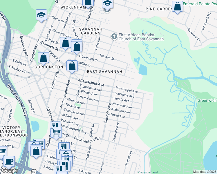 map of restaurants, bars, coffee shops, grocery stores, and more near 2219 Mississippi Ave in Savannah