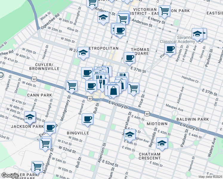 map of restaurants, bars, coffee shops, grocery stores, and more near 24 East 41st Street in Savannah