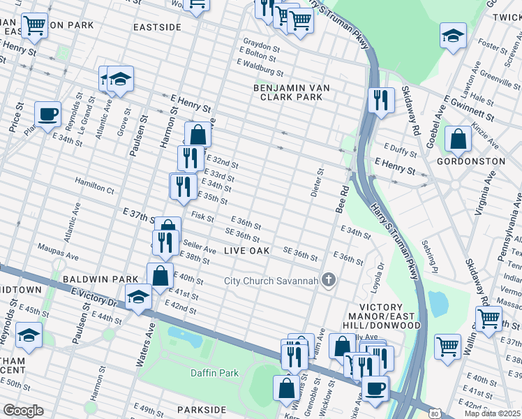 map of restaurants, bars, coffee shops, grocery stores, and more near 1332 East 35th Street in Savannah