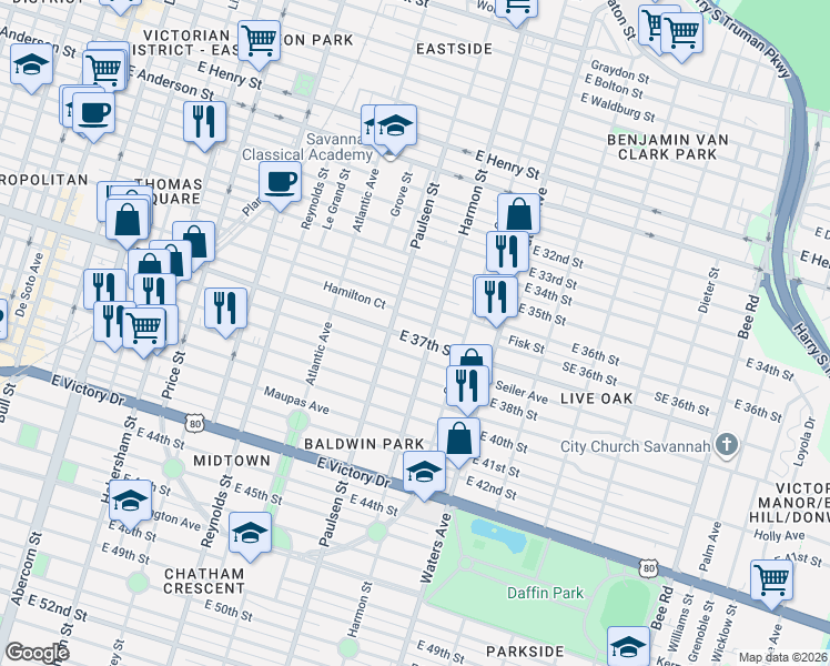 map of restaurants, bars, coffee shops, grocery stores, and more near 817 East 37th Street in Savannah