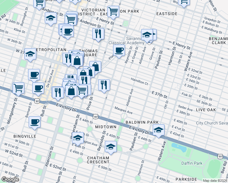 map of restaurants, bars, coffee shops, grocery stores, and more near 608 East 39th Street in Savannah
