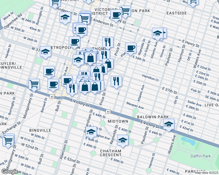 map of restaurants, bars, coffee shops, grocery stores, and more near 507 East 39th Street in Savannah