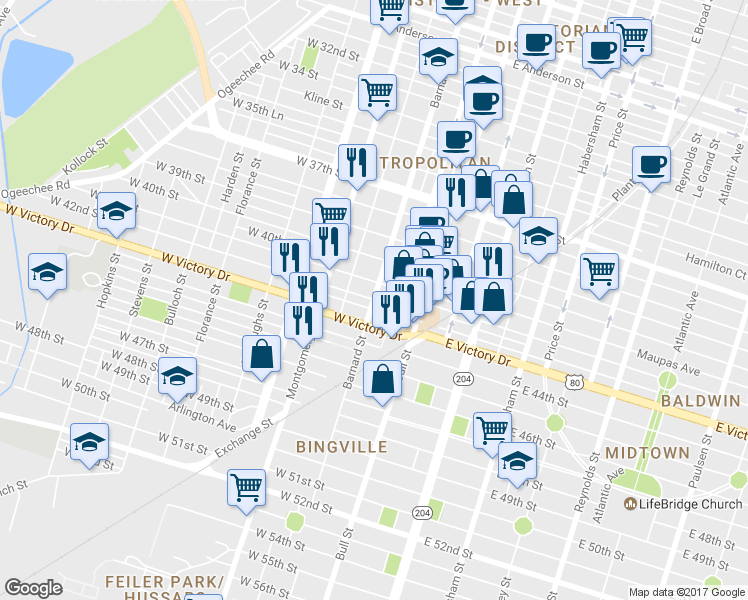 map of restaurants, bars, coffee shops, grocery stores, and more near Barnard St & W 42nd St in Savannah