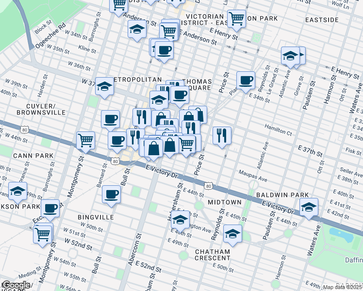 map of restaurants, bars, coffee shops, grocery stores, and more near 2408 Lincoln Street in Savannah