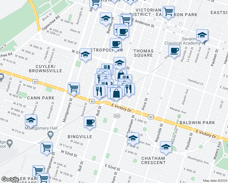 map of restaurants, bars, coffee shops, grocery stores, and more near 24 East 41st Street in Savannah