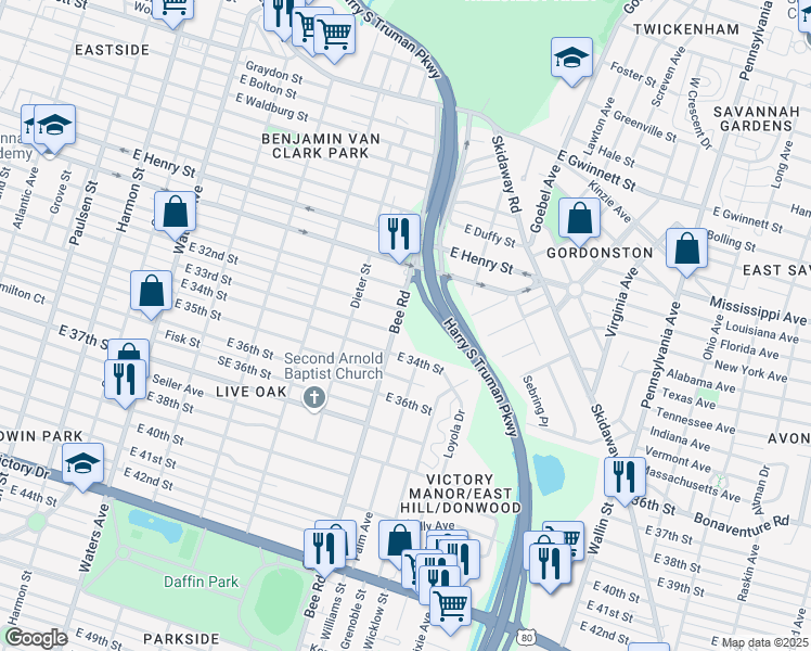 map of restaurants, bars, coffee shops, grocery stores, and more near 1502 Bee Road in Savannah