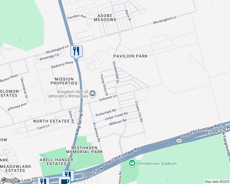 map of restaurants, bars, coffee shops, grocery stores, and more near 1209 Rhett Drive in Midland