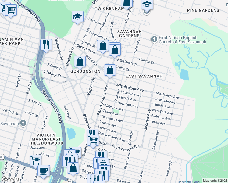 map of restaurants, bars, coffee shops, grocery stores, and more near 2032 Florida Avenue in Savannah