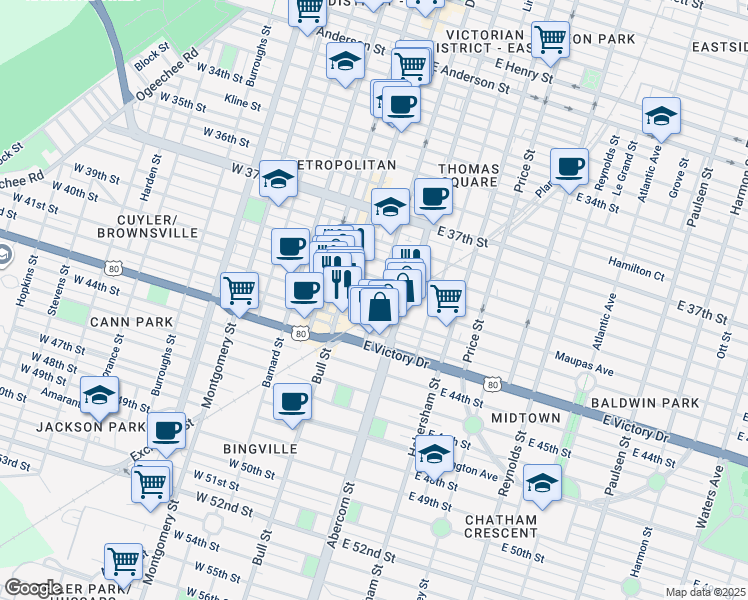 map of restaurants, bars, coffee shops, grocery stores, and more near 24 East 41st Street in Savannah
