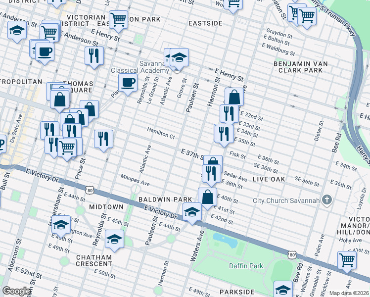 map of restaurants, bars, coffee shops, grocery stores, and more near 817 East 37th Street in Savannah