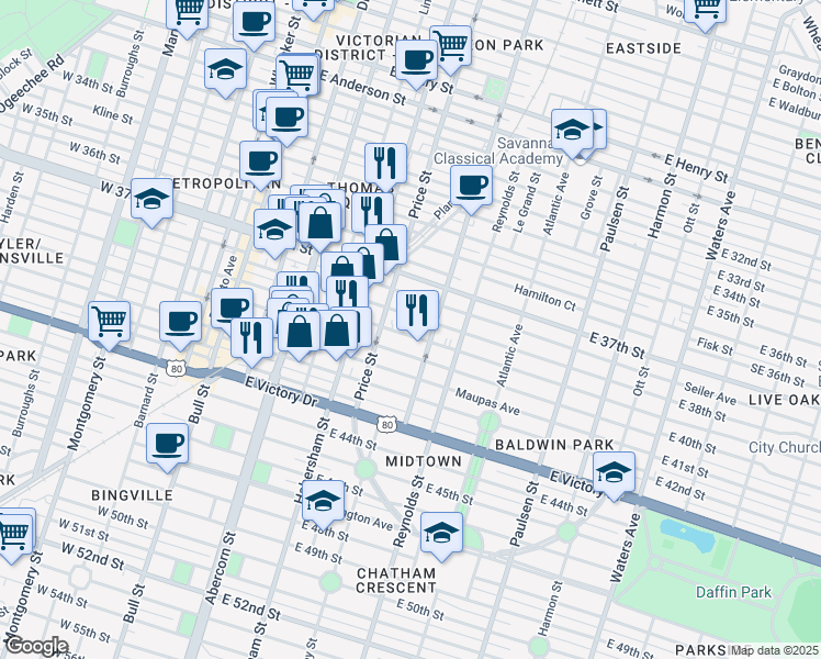 map of restaurants, bars, coffee shops, grocery stores, and more near 519 East 39th Street in Savannah