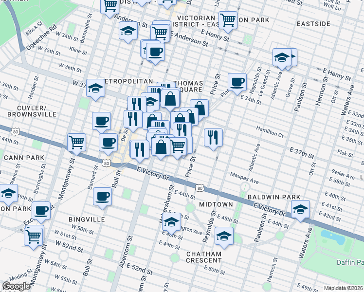 map of restaurants, bars, coffee shops, grocery stores, and more near 411 East 40th Street in Savannah