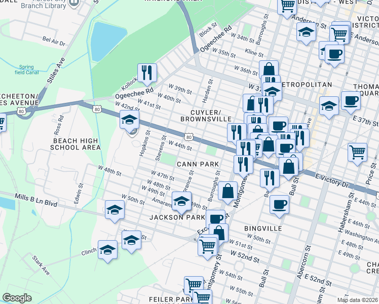 map of restaurants, bars, coffee shops, grocery stores, and more near 700 West 45th Street in Savannah