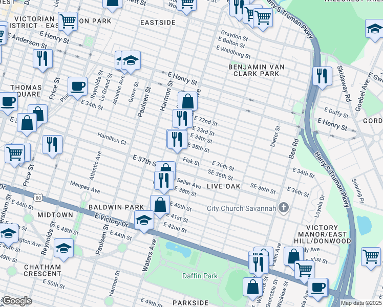 map of restaurants, bars, coffee shops, grocery stores, and more near 1117 Northeast 36th Street in Savannah