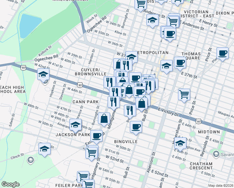 map of restaurants, bars, coffee shops, grocery stores, and more near 2611 Martin Luther King Junior Boulevard in Savannah