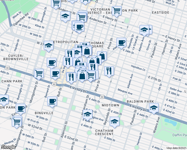map of restaurants, bars, coffee shops, grocery stores, and more near 411 East 40th Street in Savannah