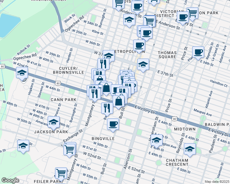 map of restaurants, bars, coffee shops, grocery stores, and more near 115 West 42nd Street in Savannah