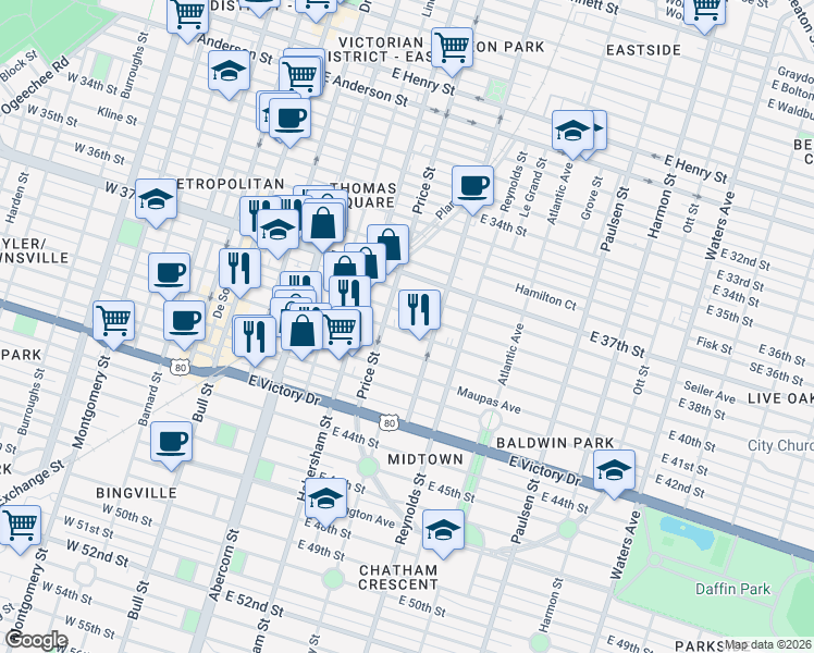 map of restaurants, bars, coffee shops, grocery stores, and more near 519 East 39th Street in Savannah