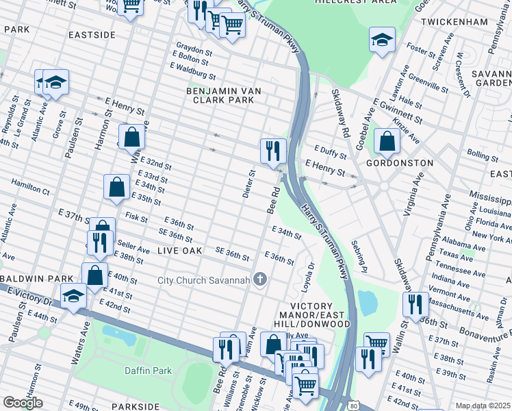 map of restaurants, bars, coffee shops, grocery stores, and more near 1514 East 34th Street in Savannah