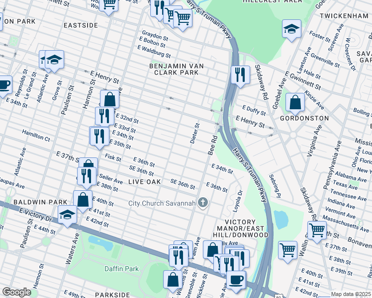 map of restaurants, bars, coffee shops, grocery stores, and more near 1424 East 34th Street in Savannah