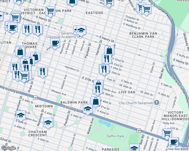 map of restaurants, bars, coffee shops, grocery stores, and more near 910 East 37th Street in Savannah