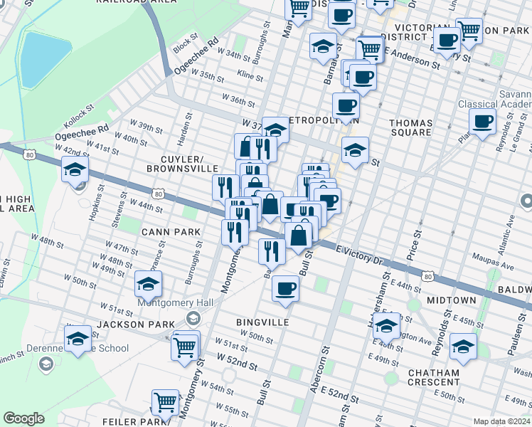 map of restaurants, bars, coffee shops, grocery stores, and more near 2610 Jefferson Street in Savannah