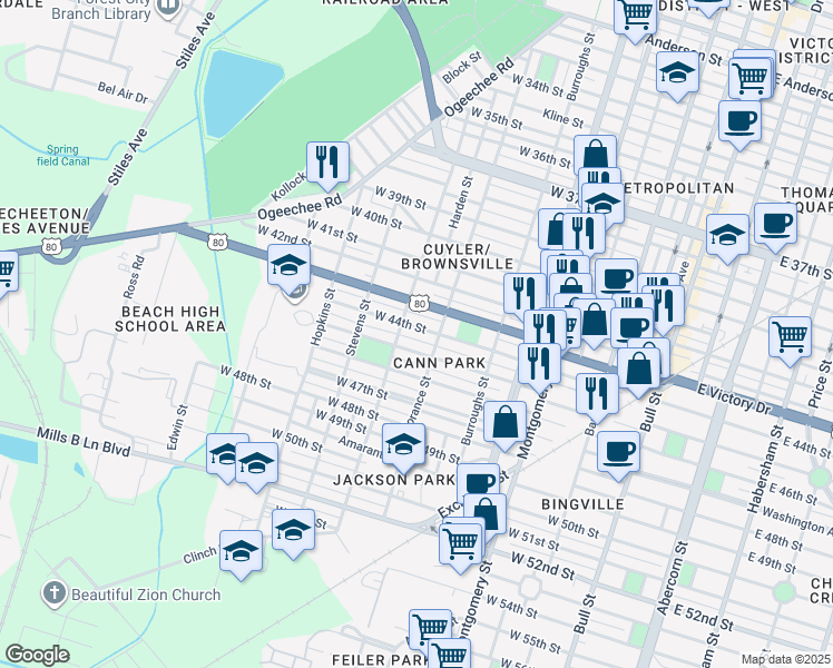 map of restaurants, bars, coffee shops, grocery stores, and more near 700 West 45th Street in Savannah