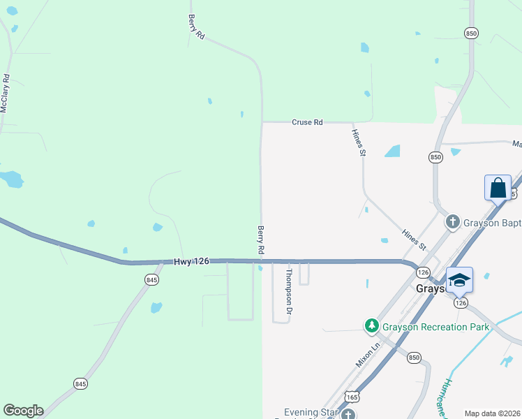 map of restaurants, bars, coffee shops, grocery stores, and more near Berry Road in Grayson