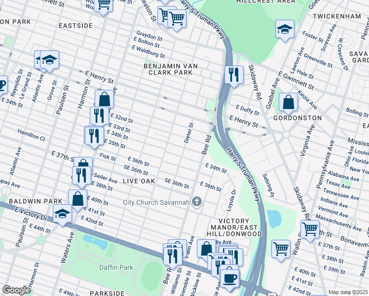 map of restaurants, bars, coffee shops, grocery stores, and more near 1500 East 33rd Street in Savannah