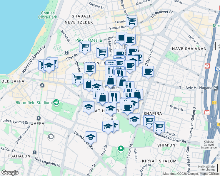 map of restaurants, bars, coffee shops, grocery stores, and more near 10 HaShah Street in Tel Aviv-Yafo