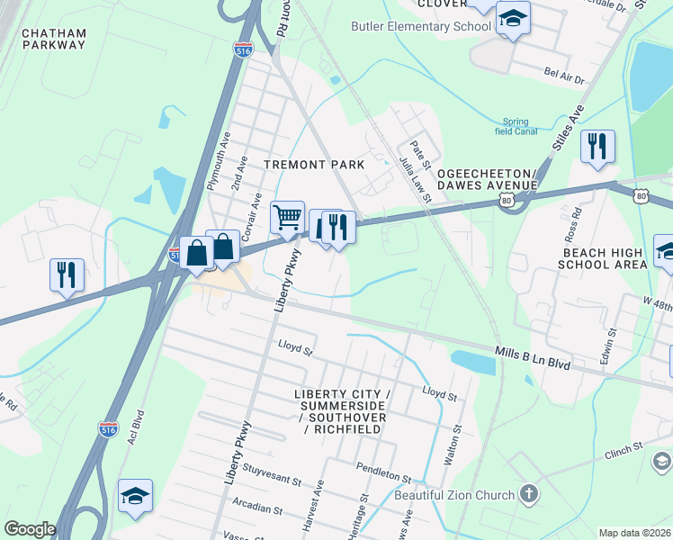 map of restaurants, bars, coffee shops, grocery stores, and more near 1810 Mills B Lane Boulevard in Savannah