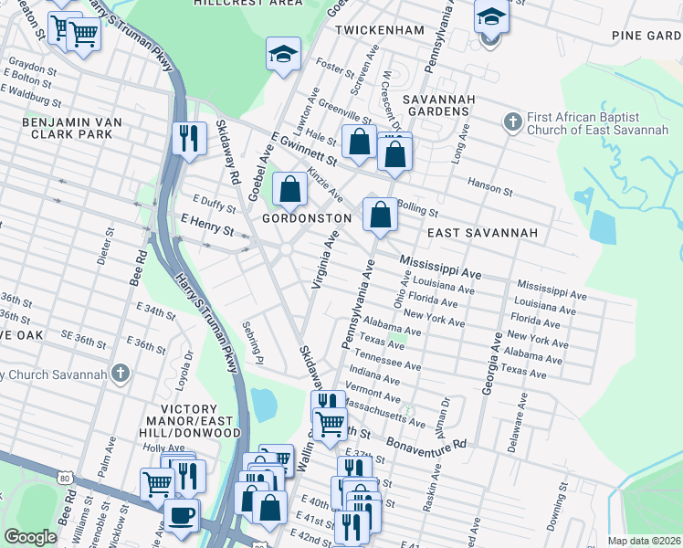 map of restaurants, bars, coffee shops, grocery stores, and more near 512 Durant Avenue in Savannah