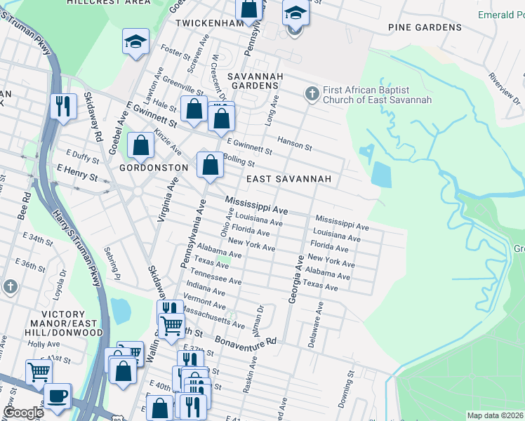 map of restaurants, bars, coffee shops, grocery stores, and more near 2139 Mississippi Avenue in Savannah