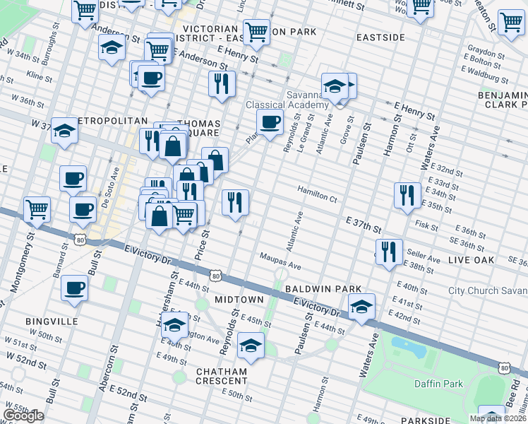 map of restaurants, bars, coffee shops, grocery stores, and more near 622 East 38th Street in Savannah