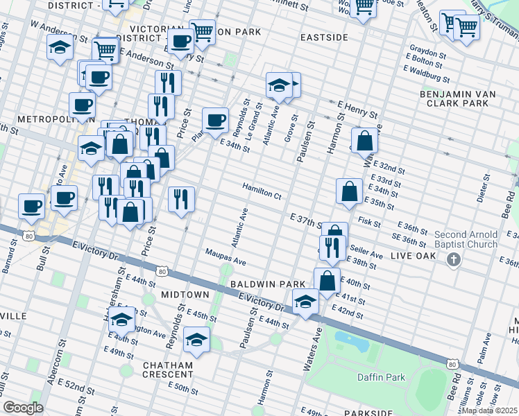 map of restaurants, bars, coffee shops, grocery stores, and more near 740 Seiler Avenue in Savannah