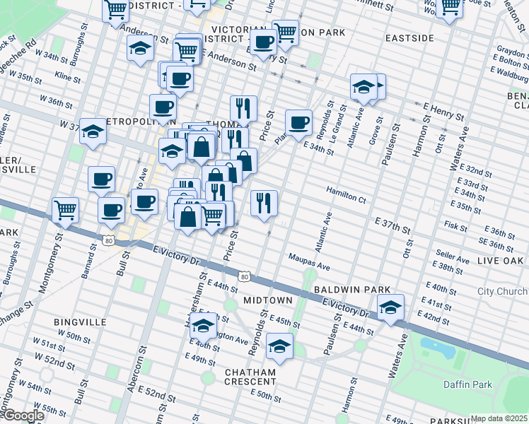 map of restaurants, bars, coffee shops, grocery stores, and more near 519 East 39th Street in Savannah