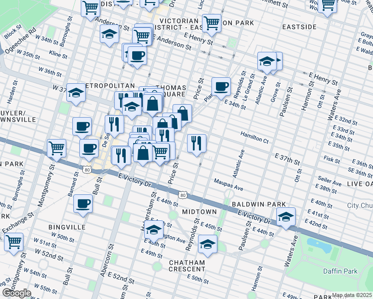 map of restaurants, bars, coffee shops, grocery stores, and more near 519 East 39th Street in Savannah