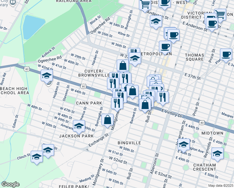 map of restaurants, bars, coffee shops, grocery stores, and more near 2611 Martin Luther King Junior Boulevard in Savannah
