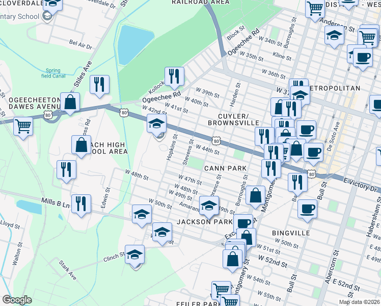 map of restaurants, bars, coffee shops, grocery stores, and more near 2909 Stevens Street in Savannah