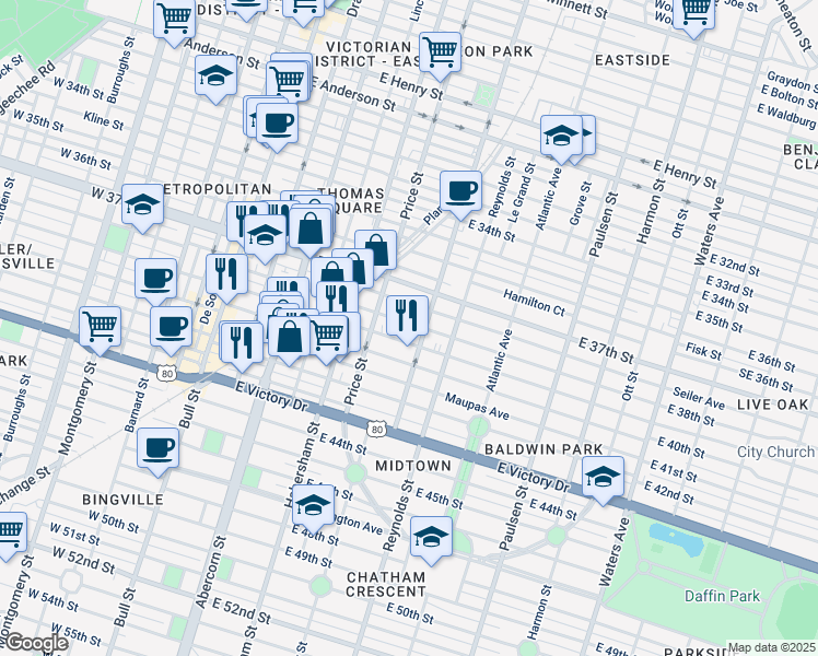 map of restaurants, bars, coffee shops, grocery stores, and more near 519 East 39th Street in Savannah